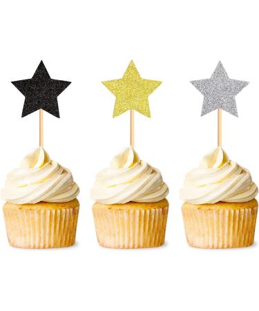 120 Pcs Star Cupcake Toppers Happy New Year Glitter Black Gold and Silver Star Cake Topper Picks Toothpick Toppers New Year Photo Props for New Year Party Supplies (Star) - Buy Online on GoSupps.com