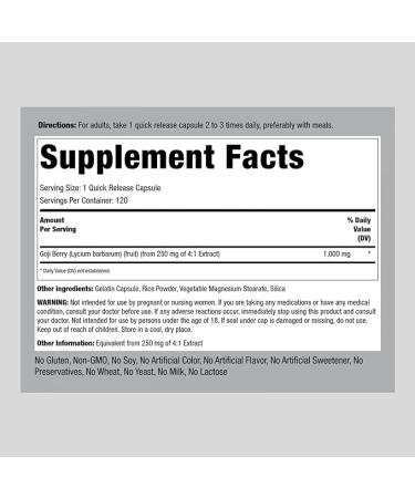 Piping Rock Goji Berry Capsules 1000mg - 120 Count | Wolfberry Extract Supplement | Gluten Free & Non-GMO - Buy Online on GoSupps.com
