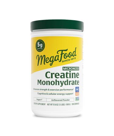 MegaFood Micronized Creatine Monohydrate Powder - Unflavored Post & Pre Workout Powder for Men & Women - Cognitive & Exercise Performance Support - NSF Certified for Sport- 500 Grams 100 Servings