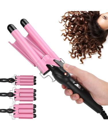 3 Barrel Curling Iron Wand - Adjustable Temperature Ceramic Hair Curler & Waver - 22mm Pink - International Shipping - Buy Online on GoSupps.com