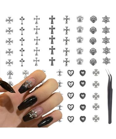 Nayyana 75 pieces 3D cross-nail charms 3D chrome-nail charms vintage-gothic retro-punk crosses hearts dead heads mixed silver nail charts for cross-charms silver-75
