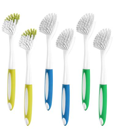 6 Pack Kitchen Scrub Brush Dish Brush with Long Handle & Built-in Scraper Cleaning Brush with Stiff Bristles Scrubber Brush for Pans Pots Kitchen Sink Cleaning(Blue/Green/Yellow)