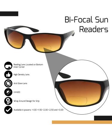 Buy 2 Pair Bifocal Sun Reader Sport & Wrap Around Sunglasses - Amber Tint for Driving & Fishing | +2.00 Power - Buy Online on GoSupps.com