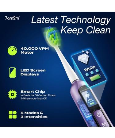 7AM2M Electric Toothbrush for Adults & Teens - LED Screen 5 Modes 90-Day Charge 8 Brush Heads - Purple - Buy Online on GoSupps.com