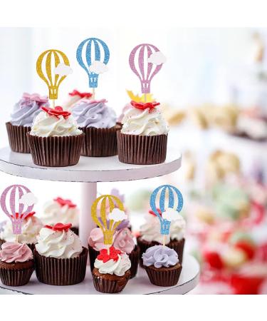 Honbay 24PCS Glitter Cupcake Toppers Creative Hot Air Balloon with Clouds Cake Toppers Fruit Dessert Picks Cake Decorations for Birthday Wedding Baby Shower Party (3 Color) - Buy Online on GoSupps.com
