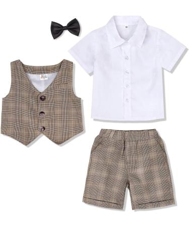Mint Green Baby Boys Gentleman Suit Set | Shirt, Bowtie, Waistcoat & Shorts | Size 3-4 Years | Khaki Plaid - Buy Online on GoSupps.com