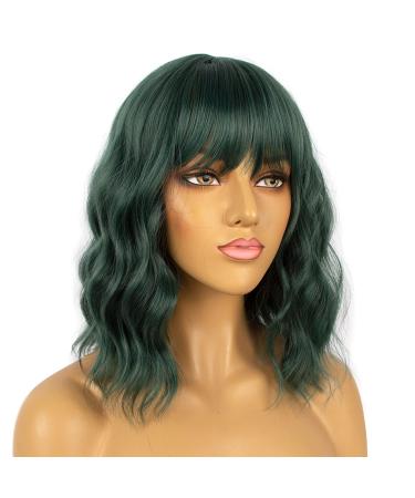 Lancaini Dark Green Short Bob Wig with Bangs for Women - Synthetic Loose Wavy Shoulder Length Cosplay Wig for Girls - Buy Online on GoSupps.com