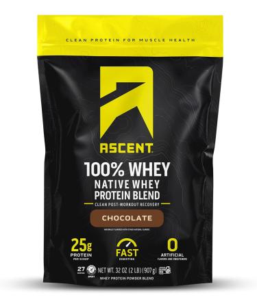 Ascent 100% Whey Protein Powder - Post Workout Whey Protein Isolate, Zero Artificial Flavors & Sweeteners, Gluten Free, 5.5g BCAA, 2.6g Leucine, Essential Amino Acids, Chocolate 2 lb