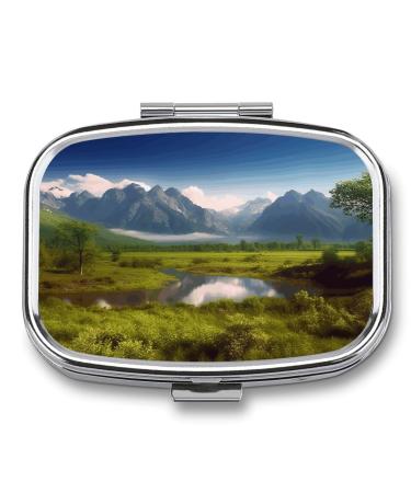 Pill Box Beautiful Scenery Print 2 Compartment Medicine Pill Case Pill Organizer Decorative Metal Portable Pill Box for Pocket Or Purse