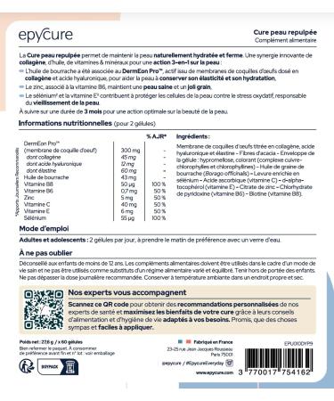 EPYCURE - Plumped Skin Treatment - Prevents Wrinkles Improves Firmness & Elasticity Anti-Wrinkle - 94% Natural - Vegetable Collagen Hyaluronic Acid Elastin - 1 Month - Vegan - Made in France - Buy Online on GoSupps.com