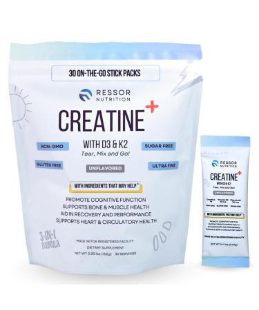 Ressor Creatine Monohydrate Powder for Men and Women 5g Micronized Creatine Travel Packs with Vitamin D3 2400 IU and Vitamin K2 120mcg