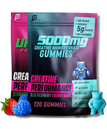 Uncaged Performance Creatine Gummies Variety Pack Strawberry & Blue Raspberry 5g Creatine Per Serving 240 Gummies Total Fast Absorbing - Supports Muscle Growth & Strength Support for Men & Women