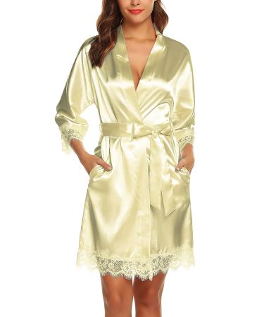 BESDEL Women's Satin Silk Bathrobe Oblique V-Neck Short Kimono Robe Bridesmaids Robe 3XL Gold