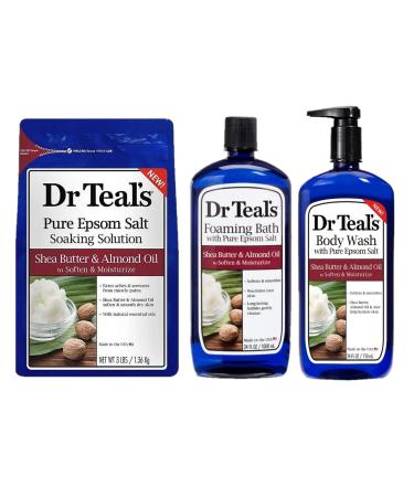 Dr. Teal's Shea Butter & Almond Oil Variety Gift Set (3 Pack 106oz Total) Body Wash Foaming Bath and Soaking Solution - Pure Epsom Salt & Essential Oils Moisturize & Smoothen Skin - At Home Spa Kit