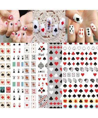 Poker Nail Art Stickers Decals 3D Card Nail Art Supplies Fashion Playing Cards Designer Nail Sticker Red Heart Diamond Spades Geometric Letter Nail Designs Sticker for Acrylic Nails (8 Sheets)