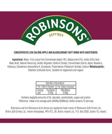 Robinsons Double Strength Apple & Blackcurrant No Added Sugar Squash 1.75L (Pack of 4) - Buy Online on GoSupps.com