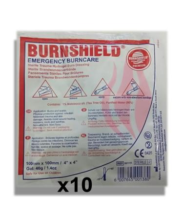 Burnshield Premium Sterile Emergency Burn Dressing 4"x4" (10cm x 10cm)"Cools The Burn" Pack of 10
