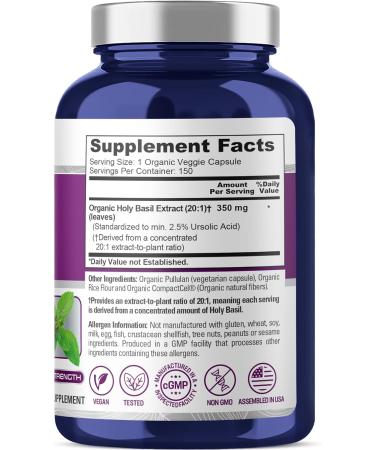 NusaPure USDA Organic Holy Basil Capsules 20:1 Extract 350 mg Equivalent to 7 000mg | 150 Vegan Caps | Tulsi Holy Basil Leaf Extract | 2.5% Ursolic Acid | Non-GMO 150 Count (Pack of 1) - Buy Online on GoSupps.com