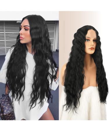 Fine long corrugated black wigs for women medium part curly wavy wig natural synthetic hair wigs for daily party 70 cm black curled
