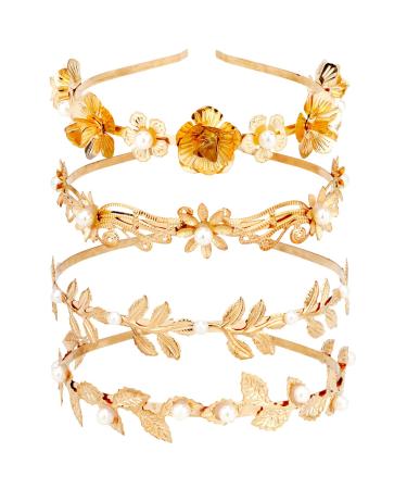 TOBATOBA Gold Headbands for Women  4Pcs Flower Leaf Headband Metal Headbands Pearl Headbands for Women  Gold Leaf Crown Greek Crown Greek Goddess Costume Headpiece for Halloween Costume Party Wedding Pearl Leaf and Flowe...