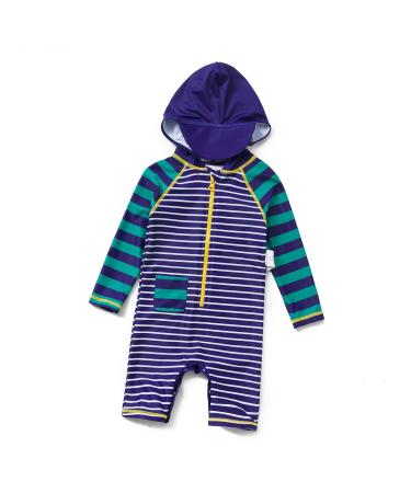 BONVERANO Baby Boys Swimsuit Toddler Bathing Suit Zip-up Full-Zip Hoodie One Piece Swimwear with UPF 50+ Sun Protection 12-18 Months Stripe