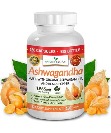 Organic Ashwagandha with Black Pepper - 180 Capsules - 1950mg Maximum Strength for Stress and Mood Support, Sleep, Thyroid, Energy, Hair Pure Root Extract Powder - Vegan Supplements for Men and Women