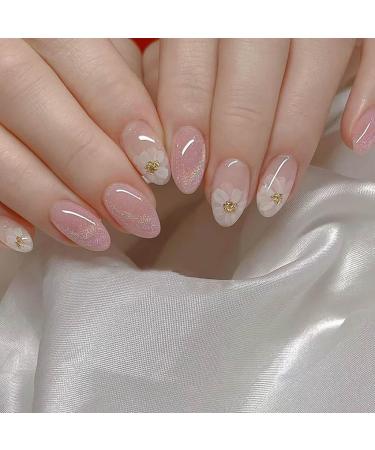 SINLOV Flower Oval False Nails Glossy Press on Nails French White Fake Nails Ballerina Acrylic Full Cover Fake Nails for Women and Girls