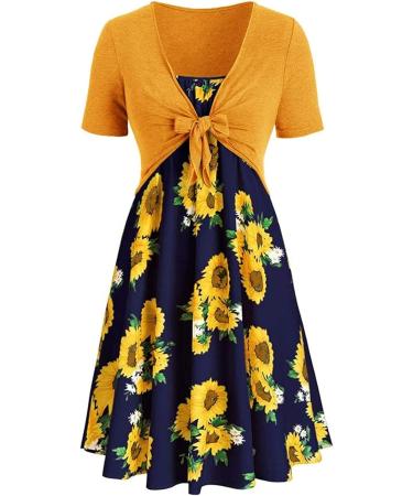 Women's Yellow Floral V-Neck Summer Dress | Short Sleeve A-Line Swing Dress - Buy Online on GoSupps.com