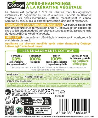 COTTAGE - Shot Nutrition Conditioner with vegetable Keratin and ORGANIC Mango Oil - 98% ingredients of natural origin - Dry and damaged hair - 100% recycled bottle - 250ml - Buy Online on GoSupps.com