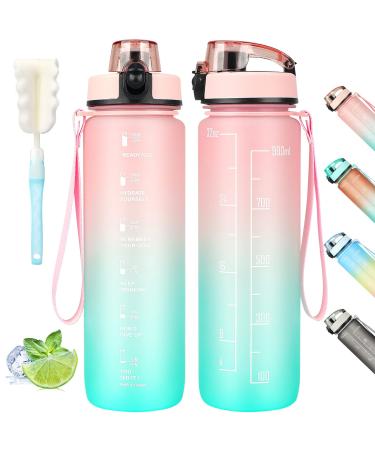 Aohan drinking bottle 1l BPA-free drinking bottle sports leak-proof water bottle sports bottle with dirt traps & time marking for school sports cycling bicycle fitness yoga gym.Pink green color gradient