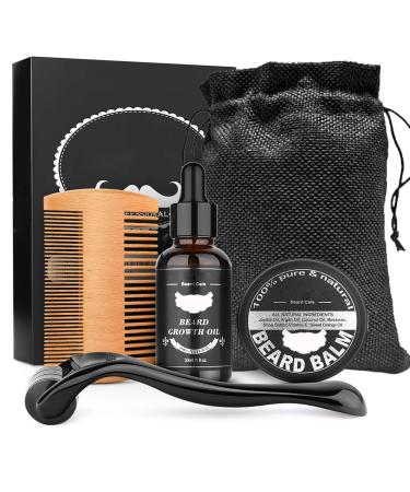Beard Growth Kit 4 in 1 Mens Grooming Kits with Beard Roller Beard Growth Serum Beard Balm Birthday Gifts for Men Dad and Boyfriend