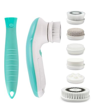 Fancii 7 in 1 Waterproof Electric Facial & Body Cleansing Brush Exfoliating Kit with Handle and 6 Brush Heads - Best Advanced Spin Brush Microdermabrasion Scrub System for Face White, Green
