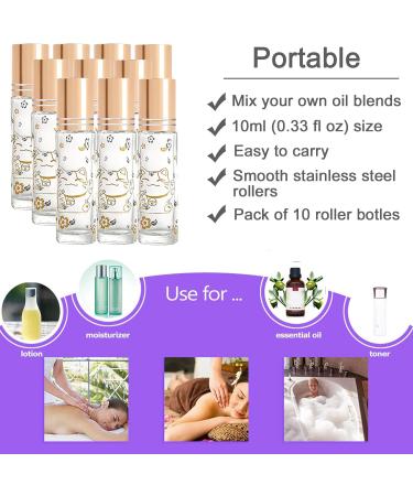 Alledomain 10Pcs 10ml Essential Oils Roller Bottles Clear Glass Roll on Bottles with Lucky Cat Pattern & Stainless Steel Rollers & Gold Cap for Aromatherapy - Include 12 Labels Dropper & Opener Golden - Buy Online on GoSupps.com