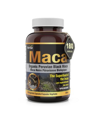 Herba Organic Black Maca Capsules - 500mg 180 Capsules | Peruvian Black Maca for Men and Women | Provides Antioxidants | Black Maca Root Capsules