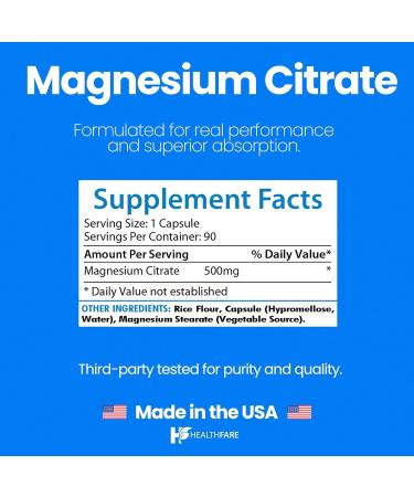 HealthFare Magnesium Citrate Capsules 500mg | 90 Vegan Pills | High Absorption Essential Mineral Supplement | Extra Strength Formula | Non-GMO Gluten-Free Made in USA - Buy Online on GoSupps.com
