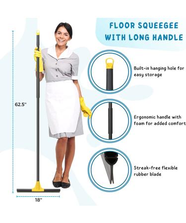 18'' Rubber Squeegee Broom with 60'' Long Handle for Floor Cleaning - Heavy Duty Household Wiper for Bathroom, Garage, Concrete, Deck, and Shower - Black and Yellow - Buy Online on GoSupps.com