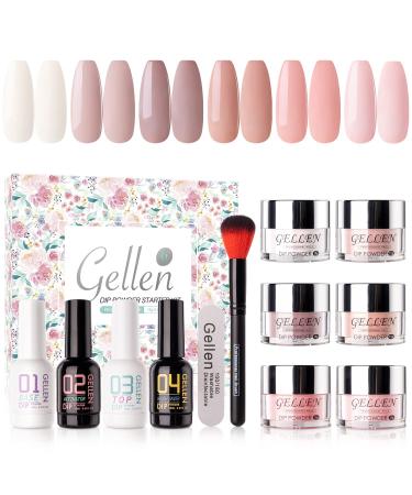 Gellen Dip Powder Nail Kit, 6 Colors Acrylic Nail Dip Powder Starter Kit With Top&Base Coat, Clear Dipping Powder Liquid Set, Home/Salon Nail Art Kit, DIY Manicure Gift Set, Gentle Nudes