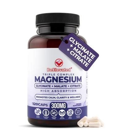 BeElevated Triple Magnesium Complex for Women and Men Magnesium Glycinate Citrate Malate Supplement for Daily Wellness Vegan Non-GMO - 120 Capsules (60-Day Supply)