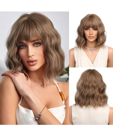 Esmee Short Wave Ash Brown Bob Wigs With Fringe Shoulder Length Wig Curly Wavy Synthetic Cosplay Wigs for Women Ash Brown 12 Inch (Pack of 1)