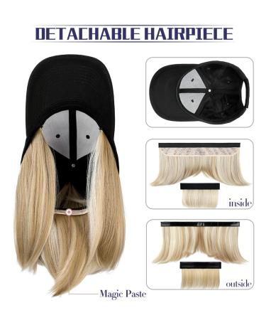 Qlenkay Baseball Cap with Hair Extensions: Ash Blonde Mix Bleach Blonde Straight Bob Wig Hat 14 Inch - Buy Online on GoSupps.com