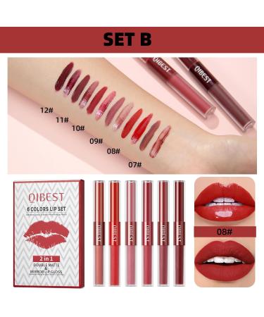Rechoo 2in1 Lipstick Set - 6Pcs Double Brush Matt & Glossy Lip Gloss | Waterproof Long-Lasting Lip Tint in Pink & Dark Red | Perfect for Makeup (Set B) - Buy Online on GoSupps.com
