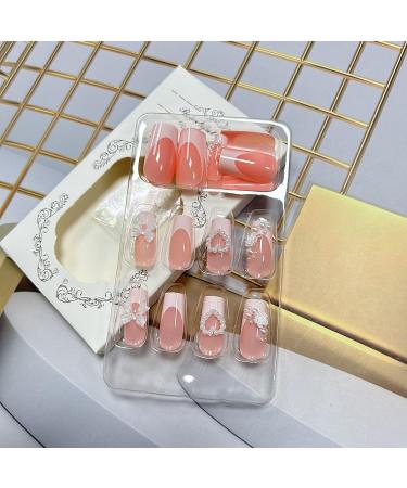 Press on Nails - Medium Square Love Heart Pearl - 24Pcs Reusable French Fake Nails with Flower & Bow Tie Design - Artificial Acrylic Coffin Nails for Women - Buy Online on GoSupps.com