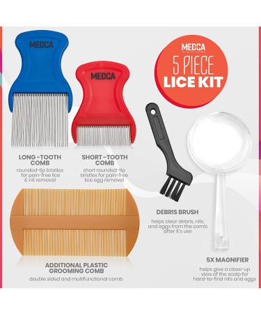 Premium 5 Piece Lice Kit - Nit Removal Set with Fine Tooth Comb and Magnifier - Removes Lice and Eggs, Comfortable Rounded Tips - Full Treatment Louse Comb Set - Buy Online on GoSupps.com
