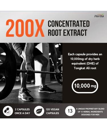 Herba Tongkat Ali Supplement for Men - 200:1 Extract 10 000mg Raw Tongkat Ali Equivalent | 120 Vegetable Capsules | Premium Tongkat Ali Extract Plus Extra | Made in Canada 120 count (Pack of 1) - Buy Online on GoSupps.com