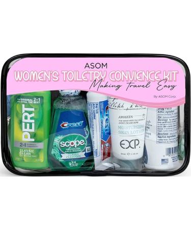 Asom Toiletry Travel Kit, Quality Hygiene Essentials Traveling Toiletries Prefilled Accessories Convenience Set, Tsa Approved Women Carry On Size Clear Toiletry Bag Accessory Kits.