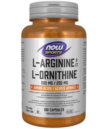 NOW Sports Nutrition L-Arginine & L-Ornithine 500/250 mg Amino Acids 100 Veg Capsules 100 count (Pack of 1)