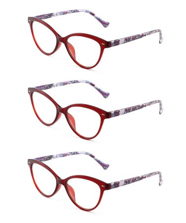 JM 3 Pack Fashion Designer Cat Eye Reading Glasses Spring Hinge Eyeglasses for Readers Women +2.0 Red 3 Pack Red 2.0 x