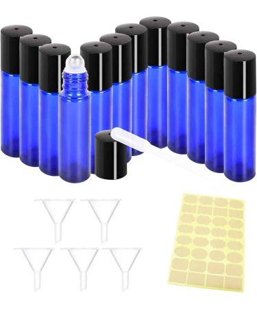28 Pack Cobalt Blue Glass Roll On Bottles for Essential Oils | 10ml with Stainless Steel Balls | Includes Funnels Syringes & Stickers - Ideal for Fragrance & DIY Blends - Buy Online on GoSupps.com
