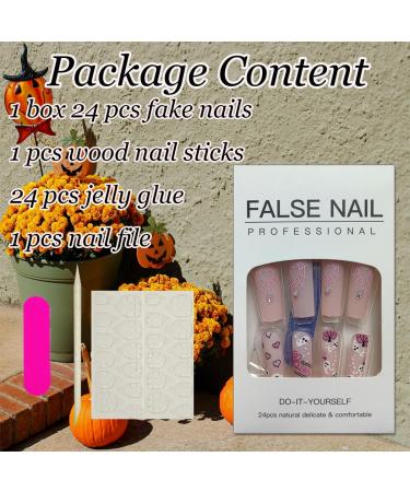 Halloween Press on Nails - Long Square Glue on Nails with Cute Pumpkin & Spider Web Designs | 24 Pcs DIY Ghost Nail Art Decoration for Women - Buy Online on GoSupps.com