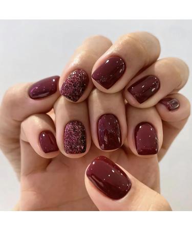 Press on Nails Short Square False Nails Glossy Burgundy Fake Nails with Glitter Design Full Cover Nails for Women and Girls with Glue (red)
